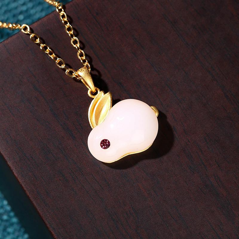 Aieryuan Retro Jade Kaninchen Anhänger Halskette für Damen - Chinesischer Hofstil Schlüsselbeinkette