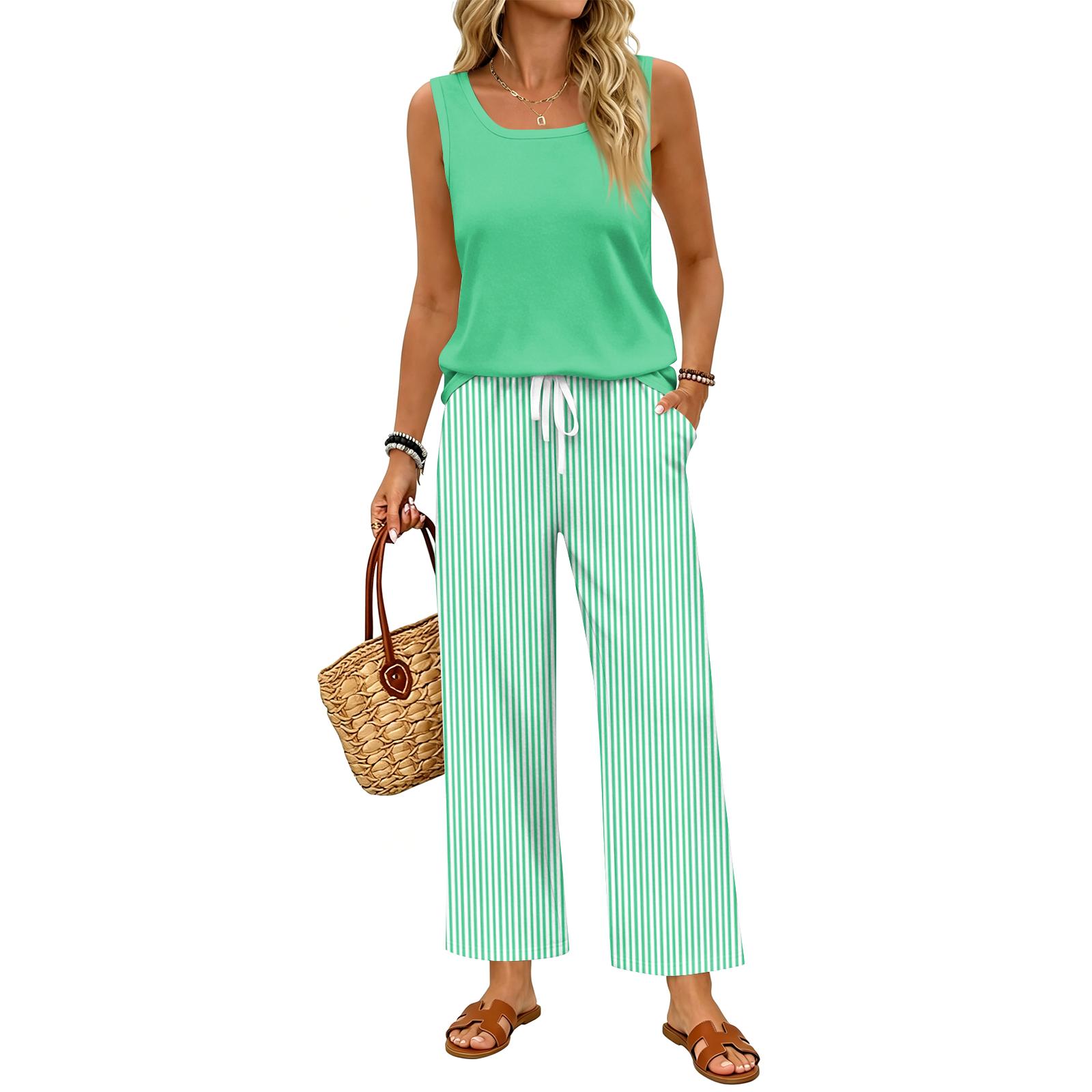 

Women Sleeveless Tank Top and Striped Wide Leg Pants Two Piece Set Casual Outfit for Travel Vacation and Home Relaxation S