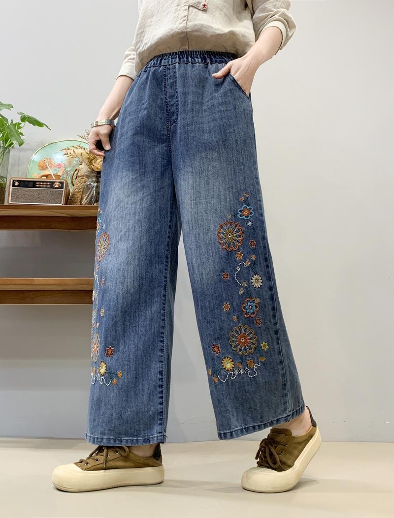 

2025 Spring Cartoon Embroidered Floral Washed Denim Wide-Leg Elastic Waist Pants M