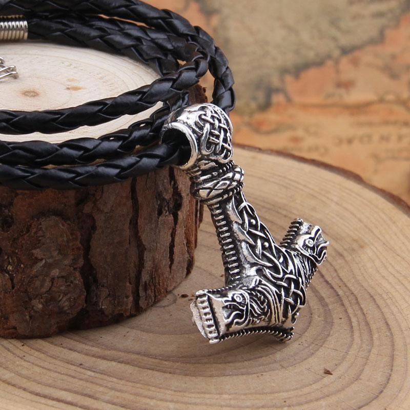 Huge Wolf Thor Hammer Necklace Mjolnir Viking Amulet Pendant Norse Jewelry with Steel Chain