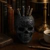 Halloween Room Decor Skull Makeup Brush Holder, Matte Black Gothic Skeleton Pen Organizer Hollow Container for Desk, Resin Storage Figurine