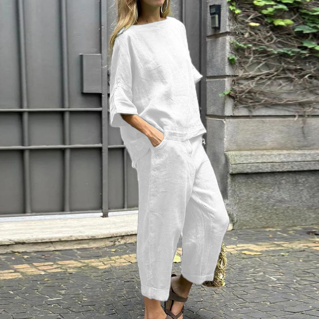 Women's Round Neck Color Casual Cotton Linen 3/4 Sleeve Top And Pants Set