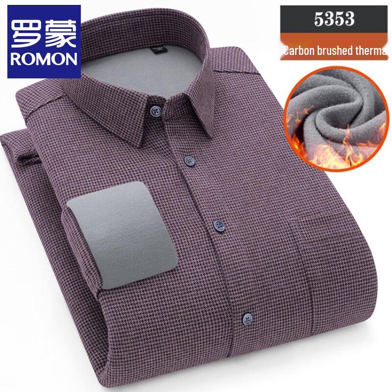 Romon Men s Velvet-Lined Brushed Cotton Plaid Long-Sleeve Shirt 44