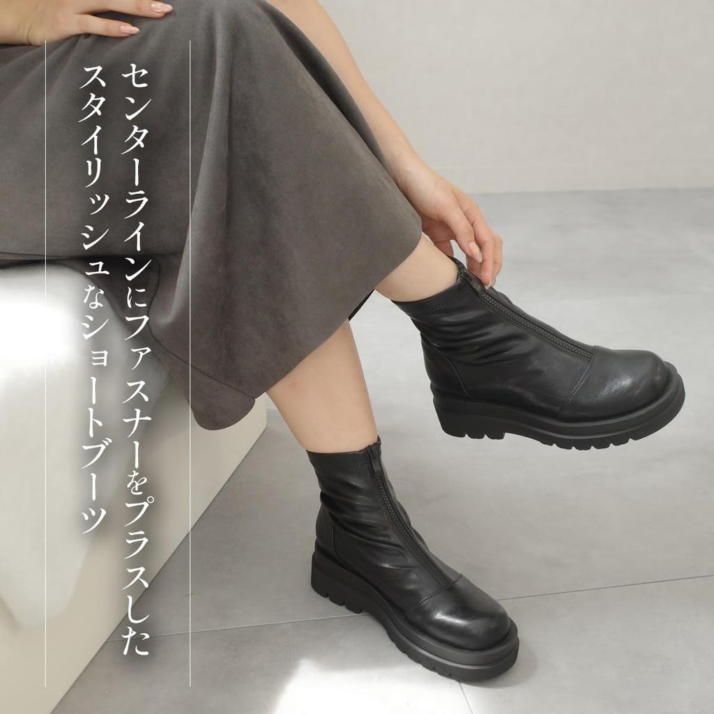 [AmiAmi] Platform Boots, Front Zip Boots, Women's Short Boots, Black Track Sole, SH214 (S (22.5cm-23.0cm), Black (Smooth))