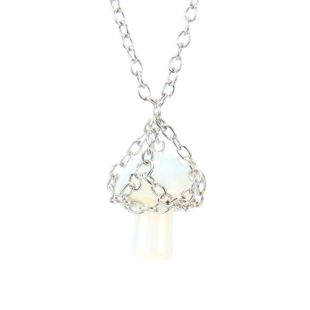 Handmade Silver Mesh Pocket Crystal Tiger Stone Agate Small Mushroom Pendant Necklace Jewelry N697