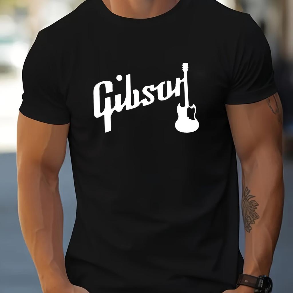Men's Summer 100% Polyester Fashionable Casual Loose Large Gibson Guitar Printed Sports Round Neck Short Sleeve T-shirt Top