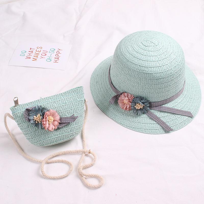 Cute Bowknot Flower Kids Straw Hat + Straw Crossbody Bag Set Baby Outdoor Sun Hat Summer Beach Straw Cap Straw Rattan Bag