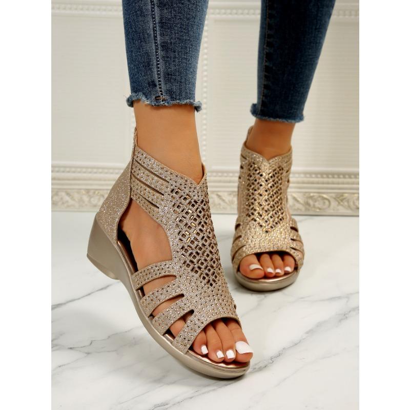 Summer New Large Size Slope Heel Hollow Back Zipper Casual Sandals