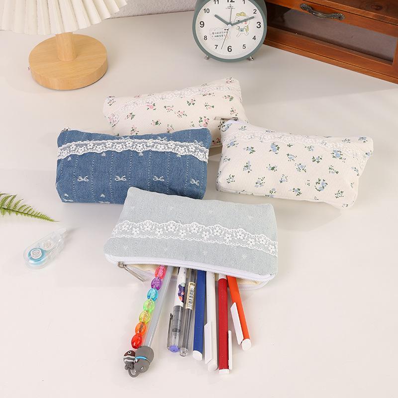 Aesthetic Floral Lace Pencil Case for Girls Large Capacity Makeup Bag with Zipper Cute Ins Style School Organizer Pen Holder