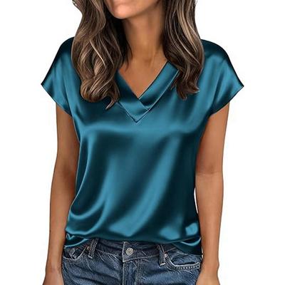 Top Casual da Donna a Maniche Corte con Scollo a V in Raso Monocolore