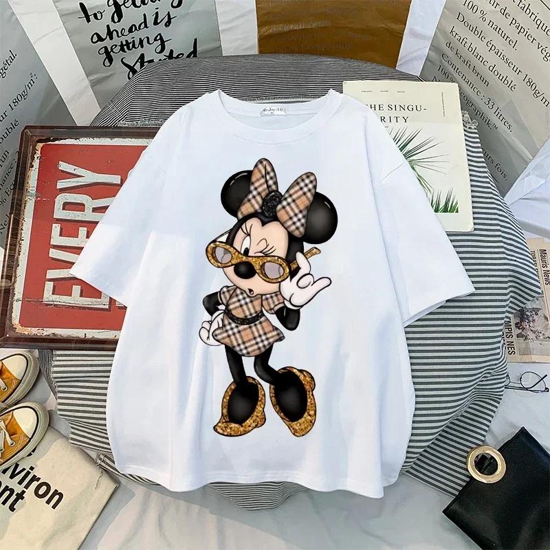 Disney Kawaii Women T-shirts 2025 Fashion New 90s Vintage Cartoon Mickey Minnie Top Y2K Female Ulzzang Oversized Cotton T-shirt