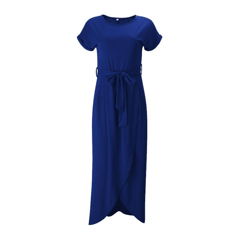 Women's Short Sleeve Wrap Maxi Dress Round Neck Tie Waist Asymmetrical Casual Long Dress