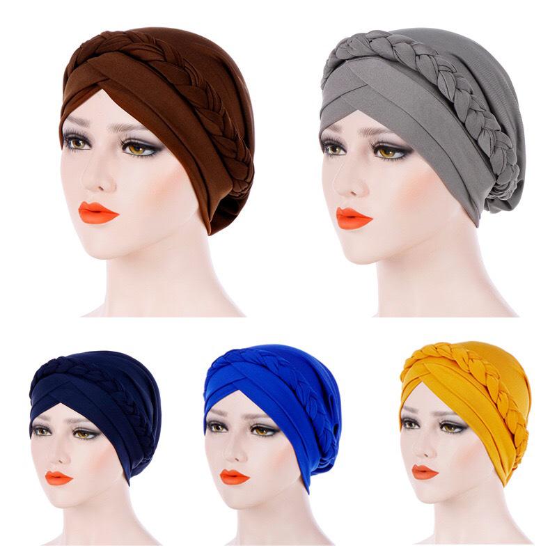 Muslim New Style Solid Color Braided Headscarf Hat, Milk Silk Indian Headscarf