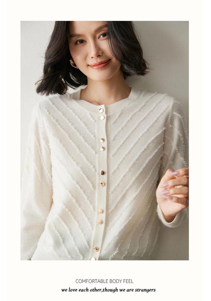 Women's Cashmere Terry Loop Cardigan - Autumn/Winter 2026 Round Neck Wool Knit Sweater, Versatile Outerwear.