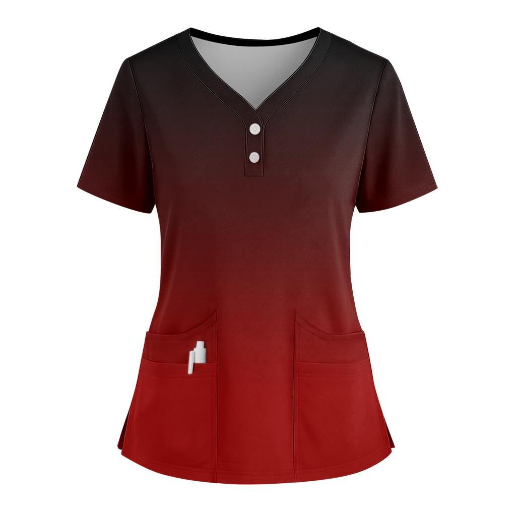 Women's Loose Short Sleeved Fashionable Square Printing V-neck Buttonable Side Slit Top T-shirt