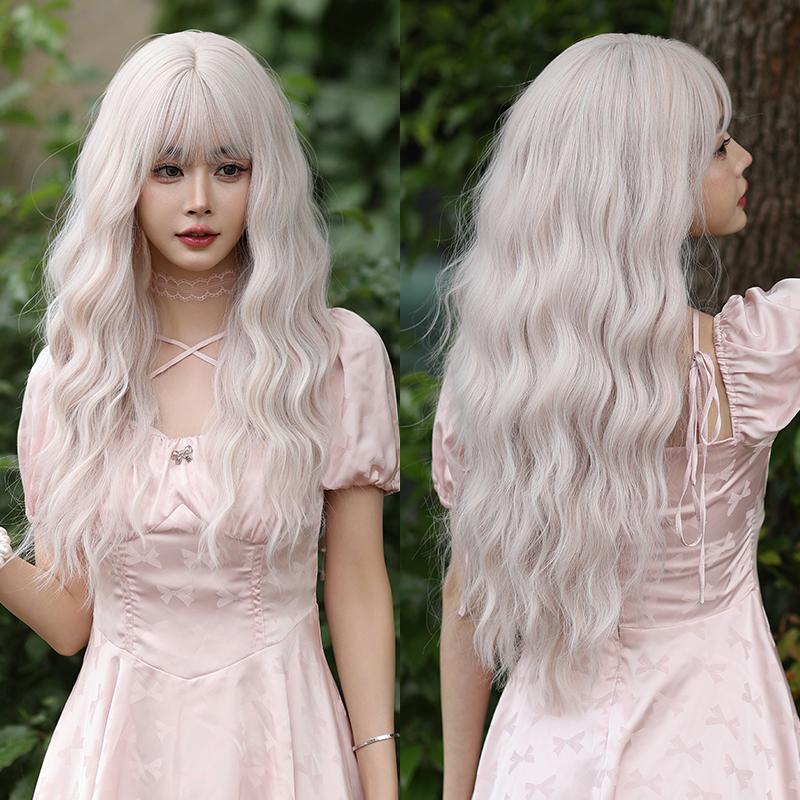 Professional  WIGS Long Body Wavy Sakura Pink Wig for Sweet Girl High Density Synthetic Loose Curly Hair Wig with Bangs Beginner Friendly