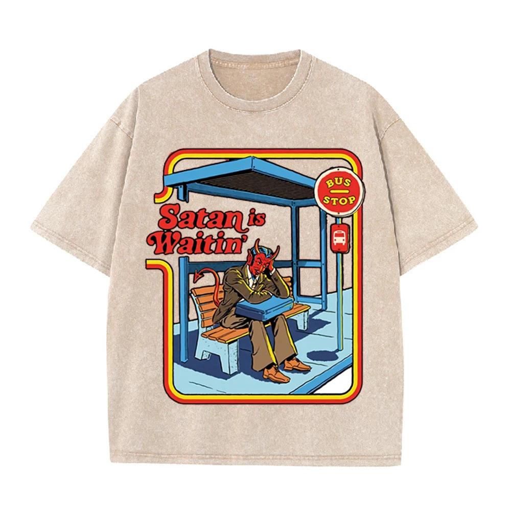2026 Vintage Satan Is Waitin Bus Stop Graphic Washed T Shirt Men Women Retro Cartoon Oversized Short Sleeve Casual Streetwear Fa