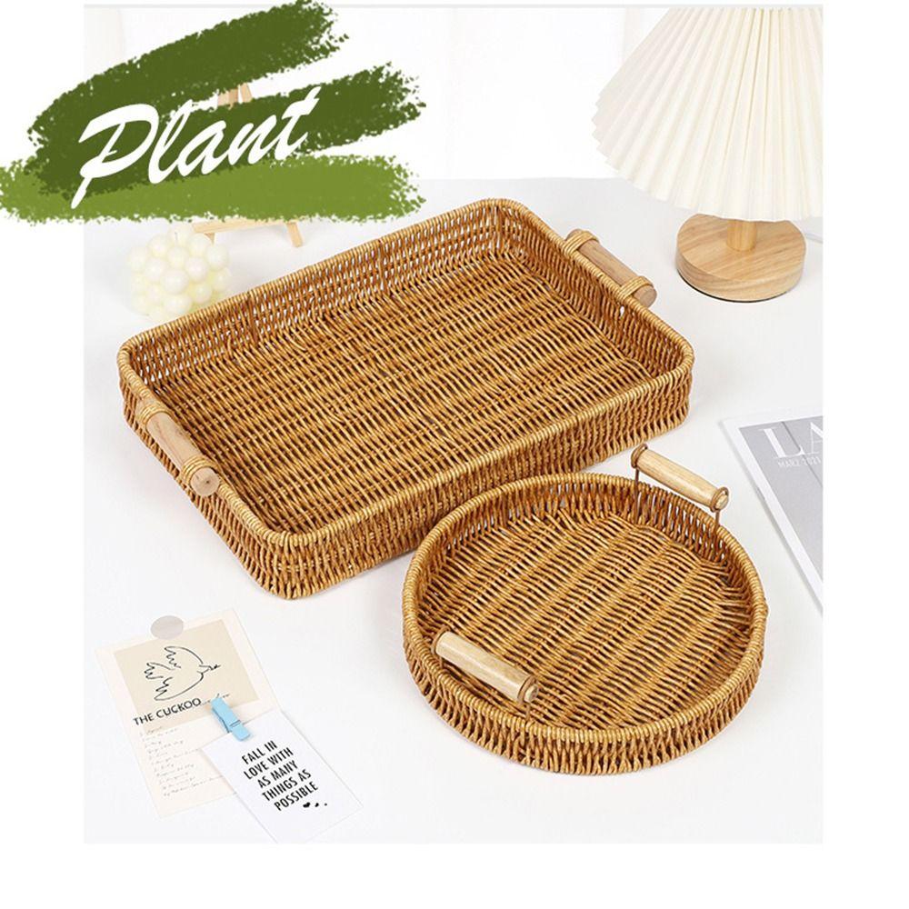 1Pcs Round Shape Handwoven Rattan Basket Fruit Vegetable Cake Wicker Plastic Rattan Threads Basket