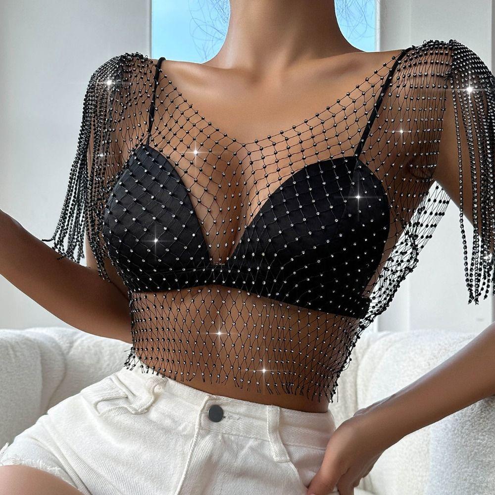 Rhinestone Fishnet Glitter Top Mesh Rhinestone Fishnet Cover Ups  Party