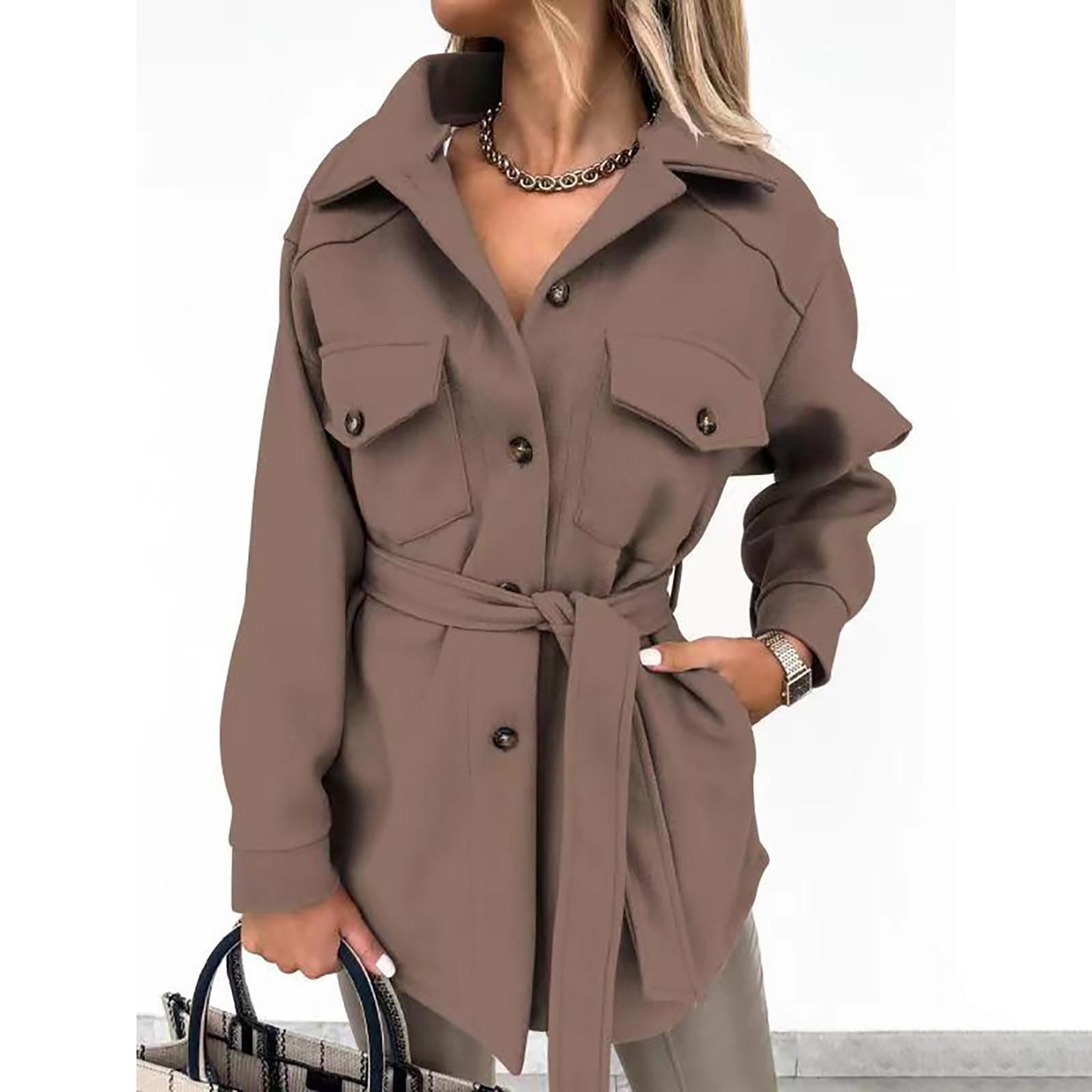 

Женская повседневная шерстяная куртка с длинными рукавами, однотонным лацканом, застегивающаяся на пуговицы и шнуровкой