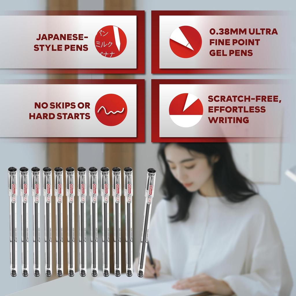 XFasten Extra Fine Point Pens 0.38mm 24-Pack Japanese-Style Fine Tip Gel Ink Ballpoint Pen Black, Smooth Ink Flow, Smudge-Free, Quick-Drying, No