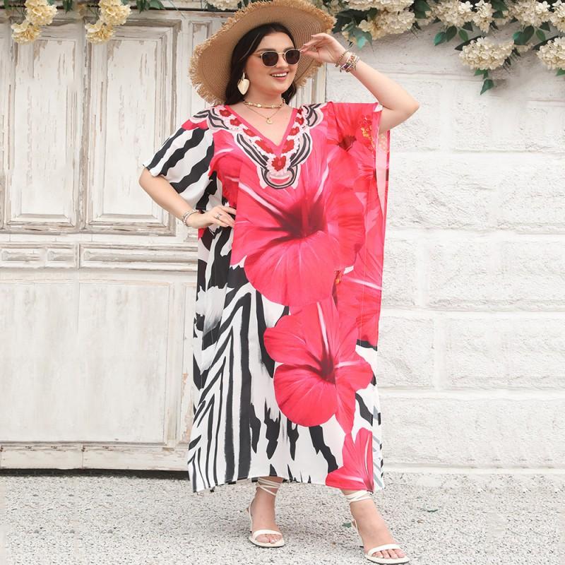 Boho V-Neck Beach Cover Up Dress Women Plus Size Lightweight Swimwear Overlay