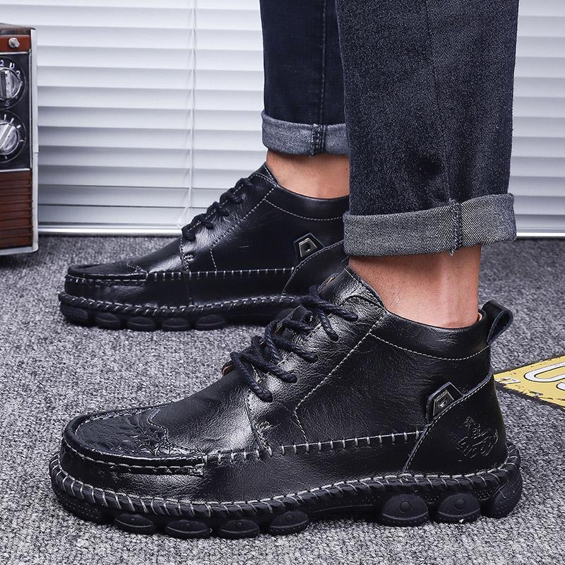 Men Hiking Genuine Leather Shoes Flat Boots Lace-up Autumn Male Sneaker Hiking Boots Handmade Casual Ankle Boots Anti-Slip Outdo