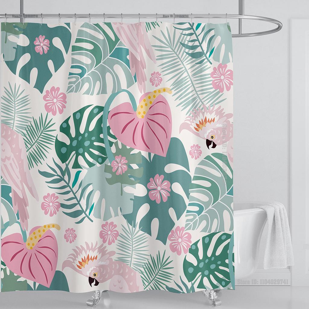Bohemian Shower Curtain Tropical Jungle Wildlife Bathroom Set Modern Pink Aesthetic Parrot Floral Bathroom Curtain With Hooks