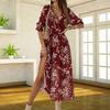 New Women's Printed V-neck Long Dress with Short Sleeves