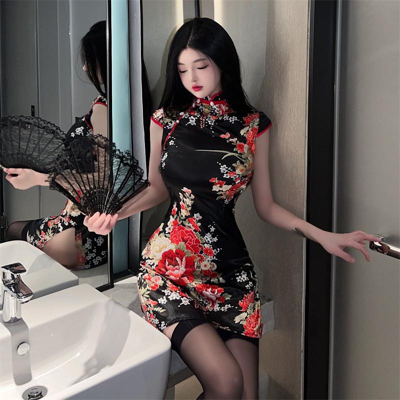 New Style Seductive Silk Inspired Qipao Lingerie Dress Comfortable Retro Standing Collar Short Flirtatious Tight Qipao Set
