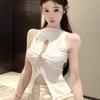 Metal Button Hollow Hem Split Knitted Vest Summer Twisted Women Holiday Tops