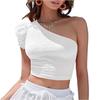 European and American New Summer Shoulder Asymmetrical Collar Fashion Solid Color Ruffle Edge Navel Short Top Women