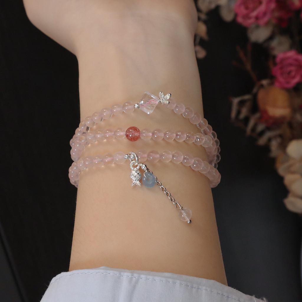 Natural Pink Crystal Bracelet Women's Fashion Design Three Circles Aquamarine Safety Buckle Light Luxury Sense Sweet