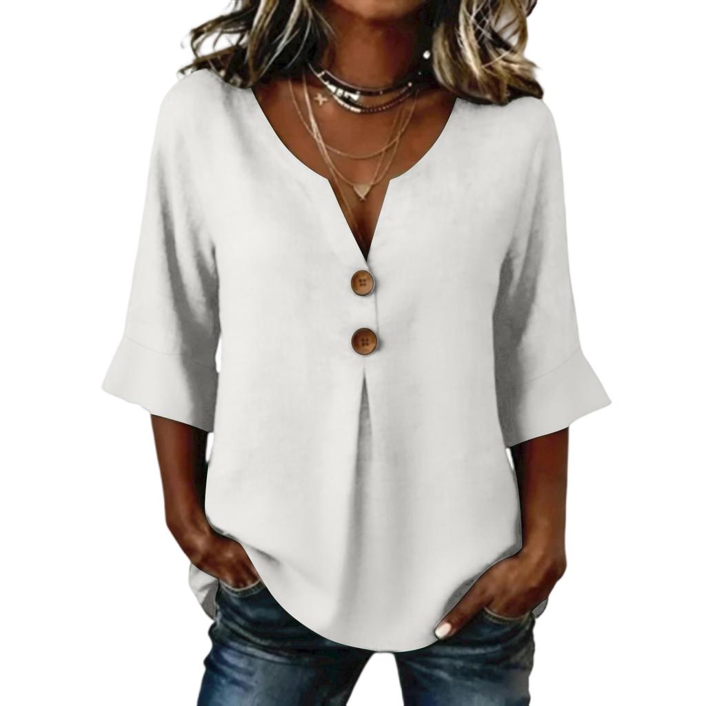 Women's Color Loose Casual Cotton Linen V-neck Fashionable Mid Sleeved Shirt Top