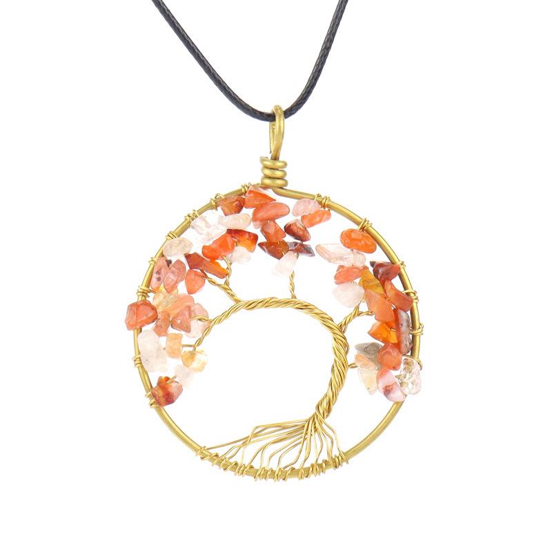 Hand-Wound Natural Gravel Crystal Pure Copper Curved Tree Of Life Pendant Necklace N43