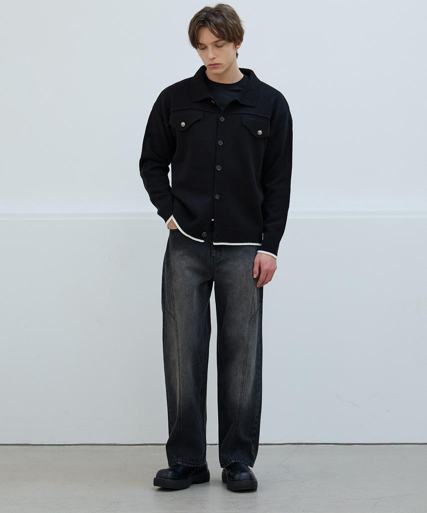 Nodu Collar Pocket Knit Jacket Cardigan [Black]