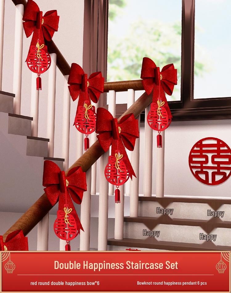 Online Celebrity Wedding Stair Railing Décor Set: Groom's Ceremony Ribbons, Bows, and Pull Flowers