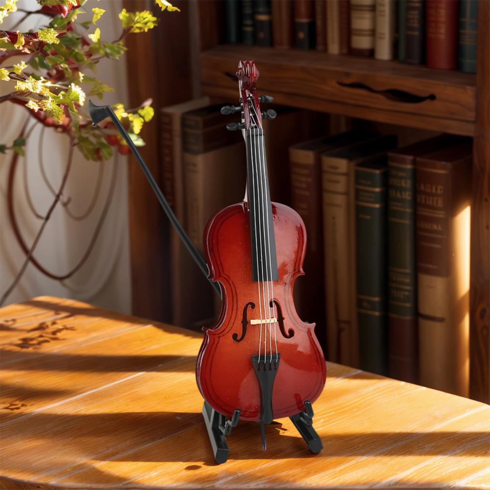 Wooden Miniature Cello -Stand & Bow Wood Violin Replica Collectible Figurines Dollhouse Accessories Model Home Display Ornament