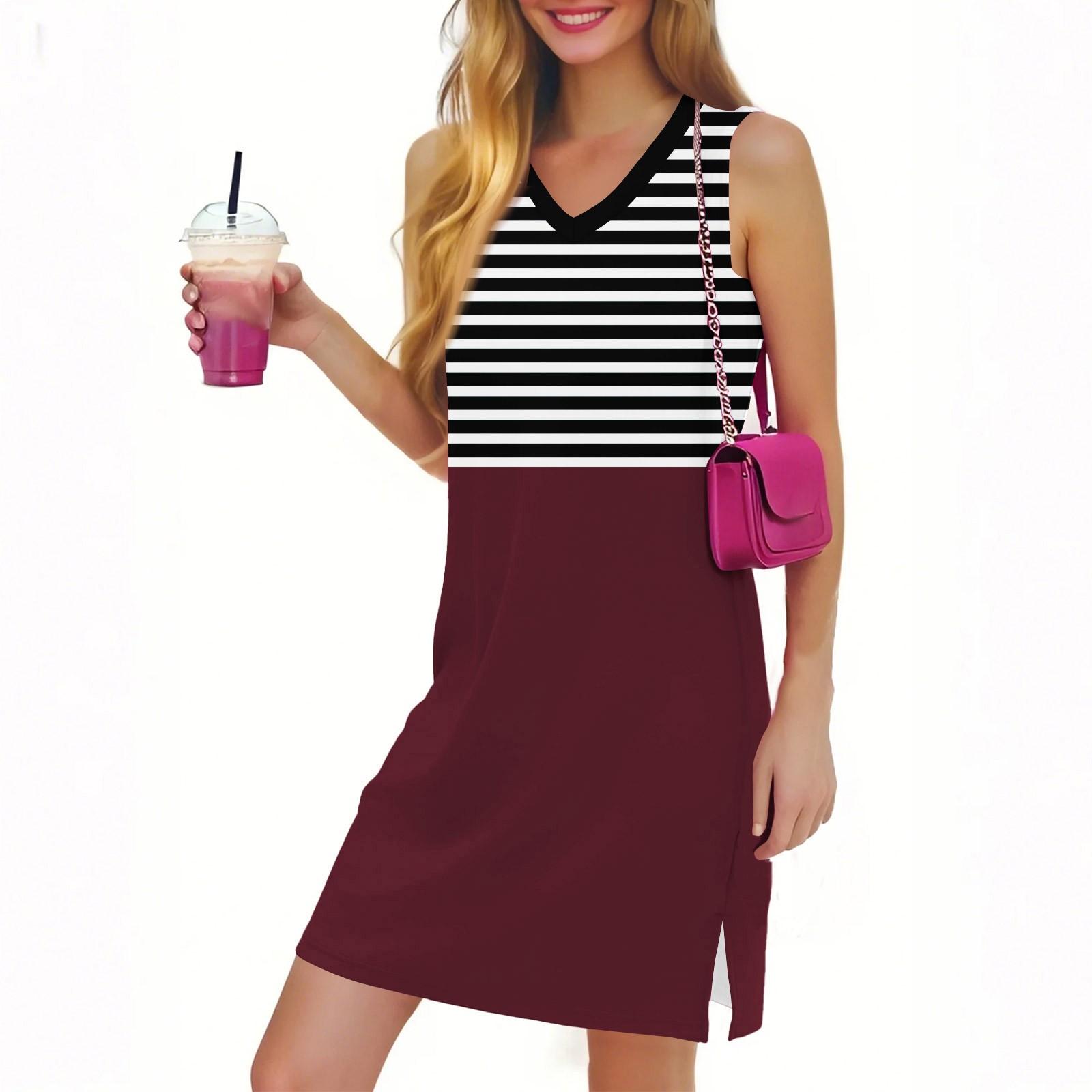 

Женское повседневное модное сексуальное платье без рукавов с V-образным вырезом и разрезом по низу в полоску S чёрный