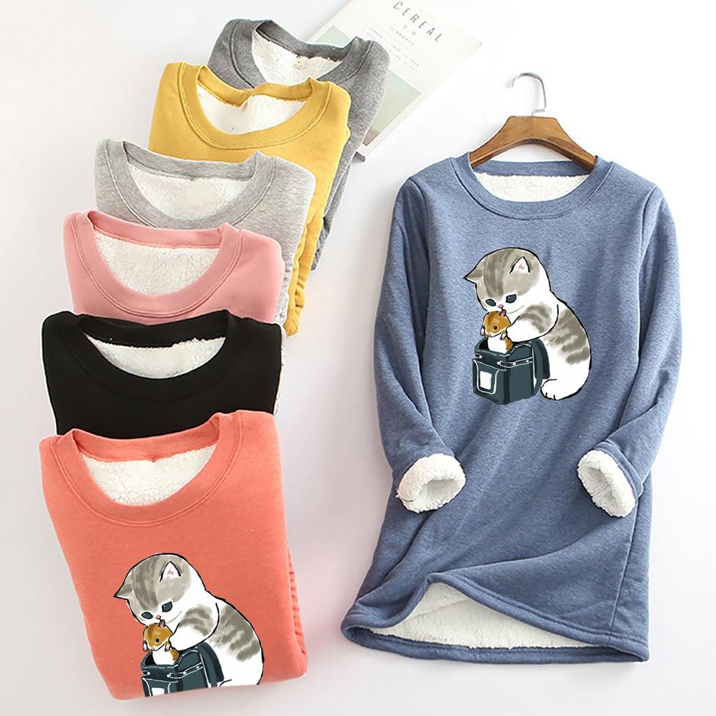 Women Thick Fleece Sweatshirt Leopard Print Velvet Warm O-neck Underwear Top