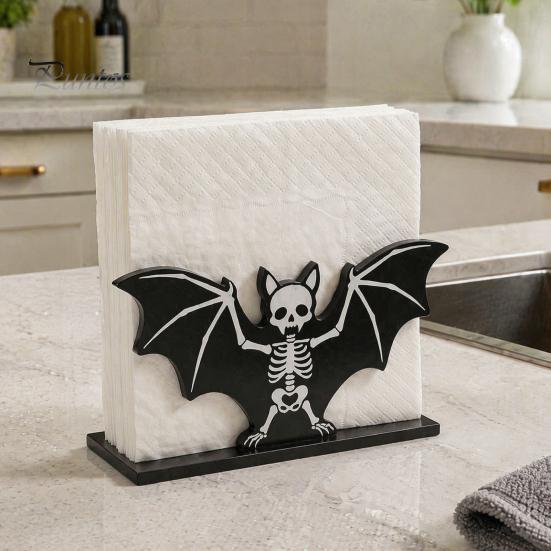 Dark Theme Table Organizer Halloween Wooden Napkin Holder, Ghost Pumpkin Skeleton Cat Bat Tissue Dispenser, Waterproof Gothic Room Decor Tabletop for