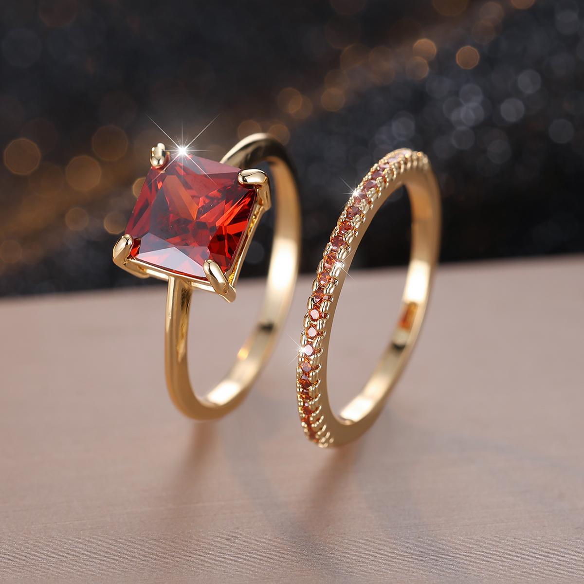 

2 шт./компл. винтажные женские золотые цвета квадратной огранки с красным камнем CZ набор колец обручальные кольца невесты обручальные кольца для женщин 8 красный