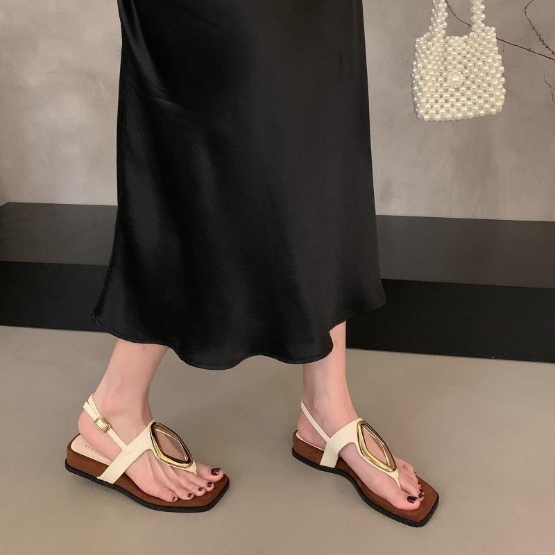 

Fashion Wedge Heel Metal Buckle Niche Toe Sandals Women s Summer New Square Toe with Skirt Vacation Beach Roman Shoes 35