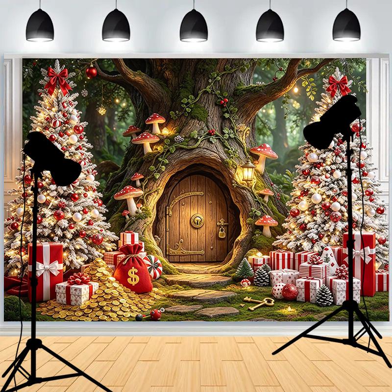 Christmas Day Wooden Door Background Xmas Trees Family Photos Santa Claus Children Portraits Photography Backdrops XR-16
