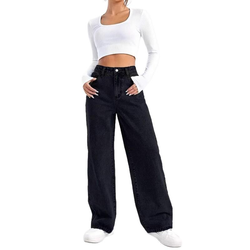 High-Waisted Straight Leg Jeans Women Slim Fit Loose Wide Pants Casual Comfortable Cotton Denim Trousers