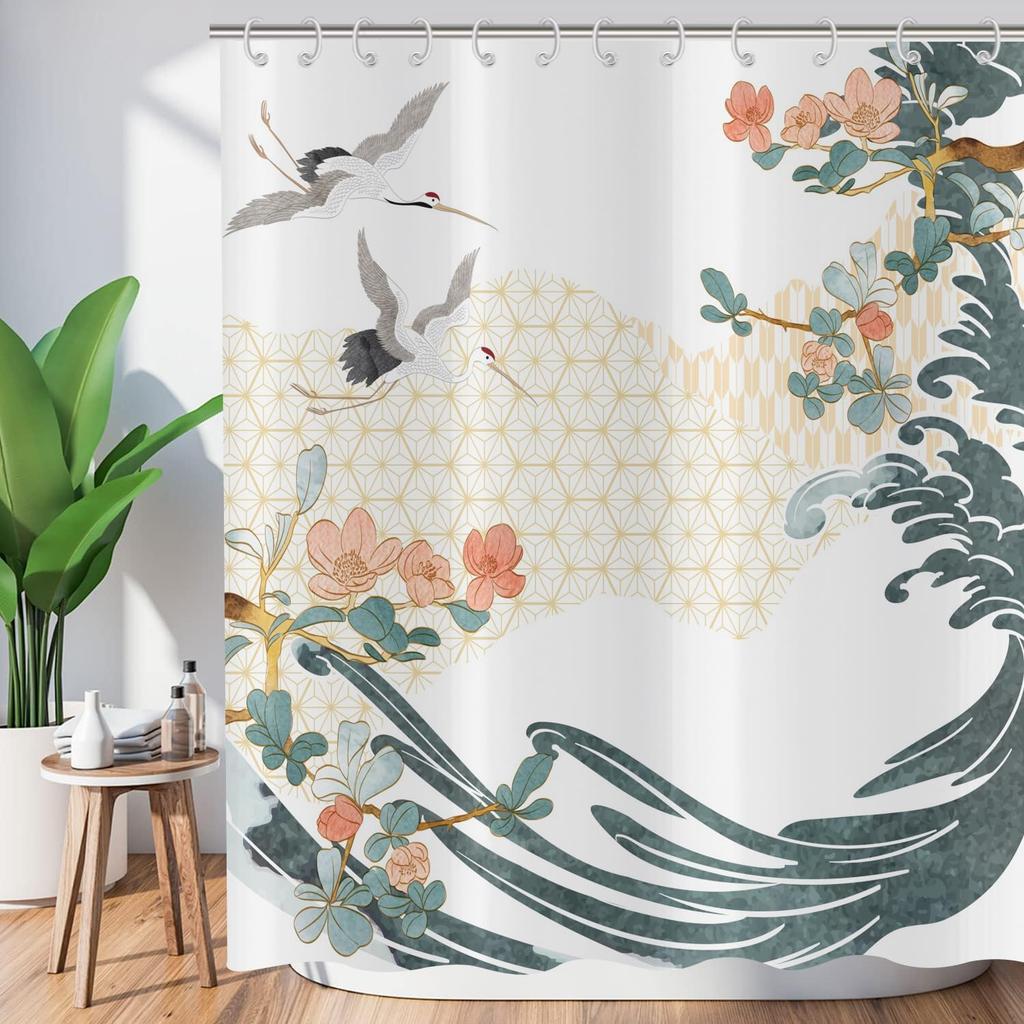 Japanese Style Plum Blossom Flying Crane Wave Pattern Shower Curtain, Washable Bathroom Waterproof Shower Curtain With 12 Hooks