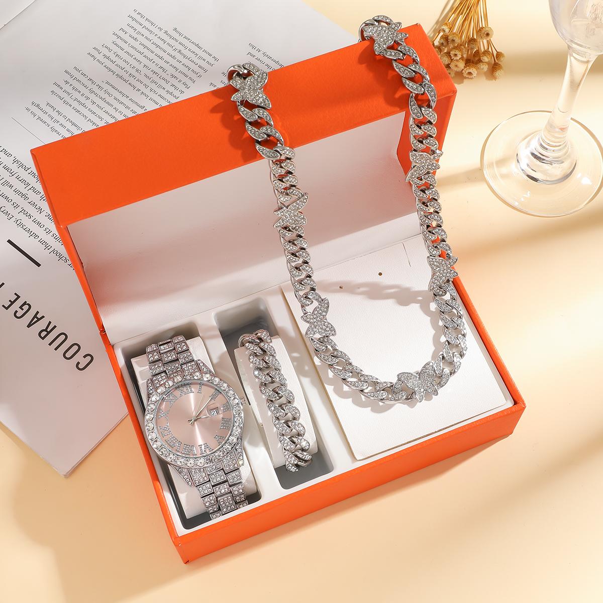No gift box Luxury diamond-studded versatile watch strap calendar Women s quartz watch strap   diamond jewelry three sets серебряный