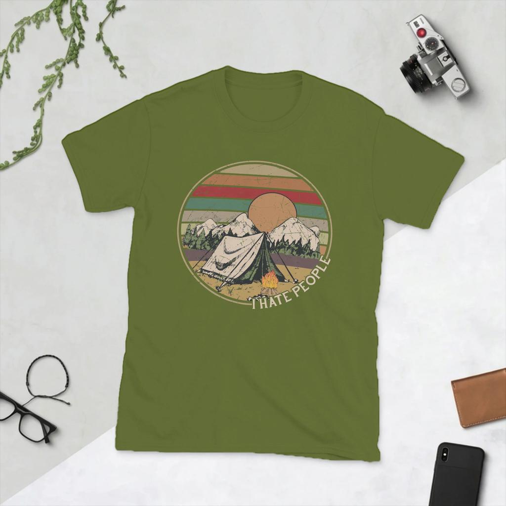 Love Camping I Hate People Vintage T Shirts for Unisex Cotton TShirts Round Collar Camping Hiking Tee Shirt Short Sleeve Clothes