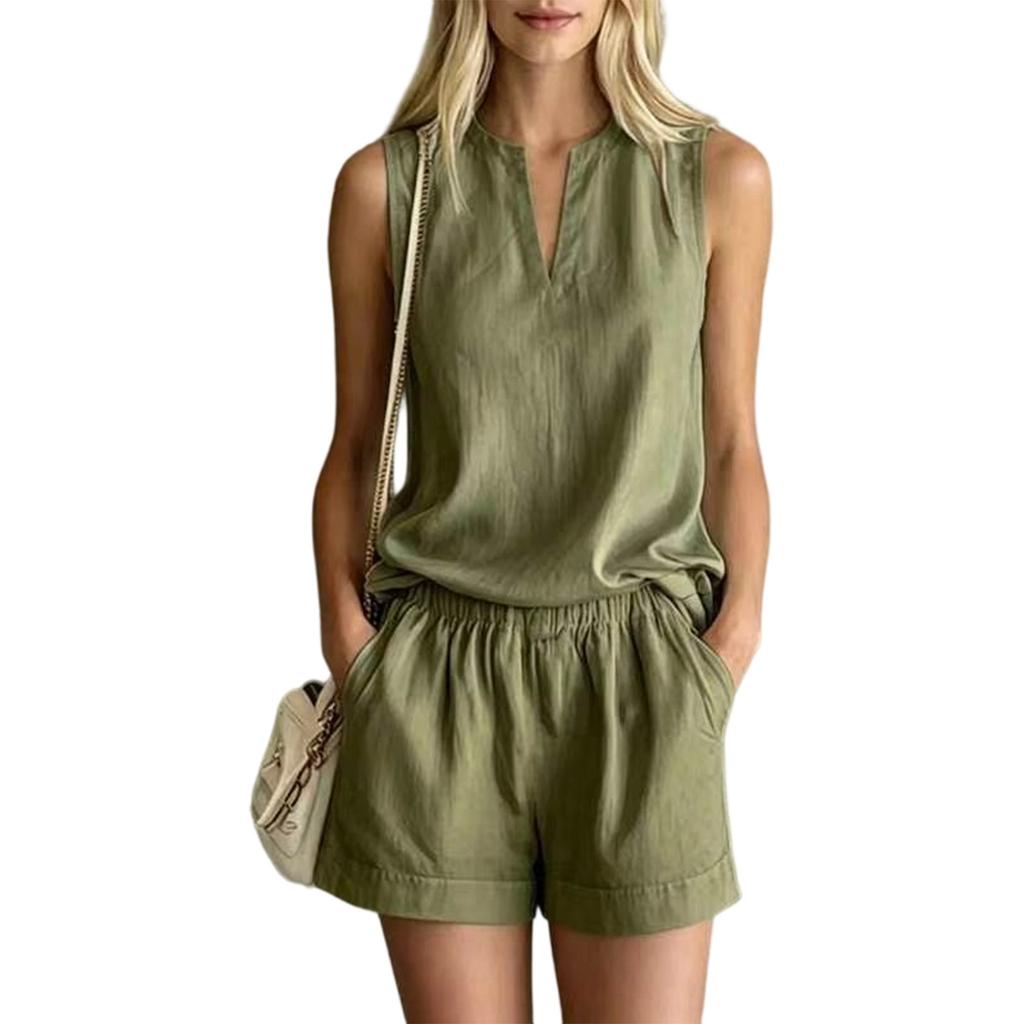 Women's Casual Two Piece Set Sleeveless V Neck Loose Fit Top with Shorts Summer Outfit Lightweight Breathable Fabric