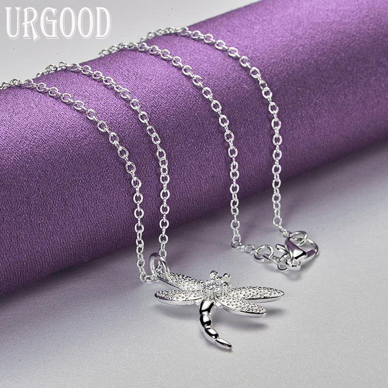 Colar com pingente de zircônia redonda AAA de libélula de prata esterlina 925